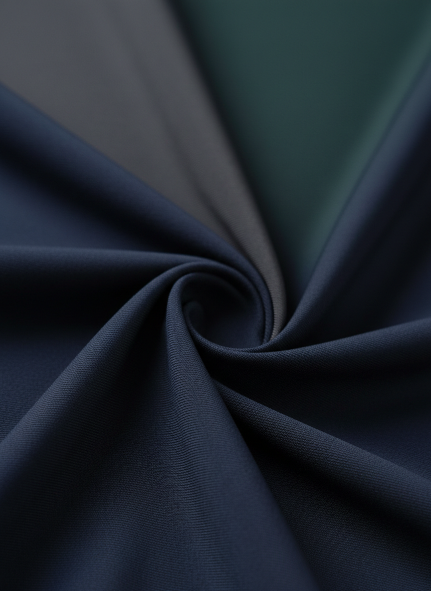An ultra-close-up macro shot of a four-way stretch women’s fashion fabric in a deep navy tone.