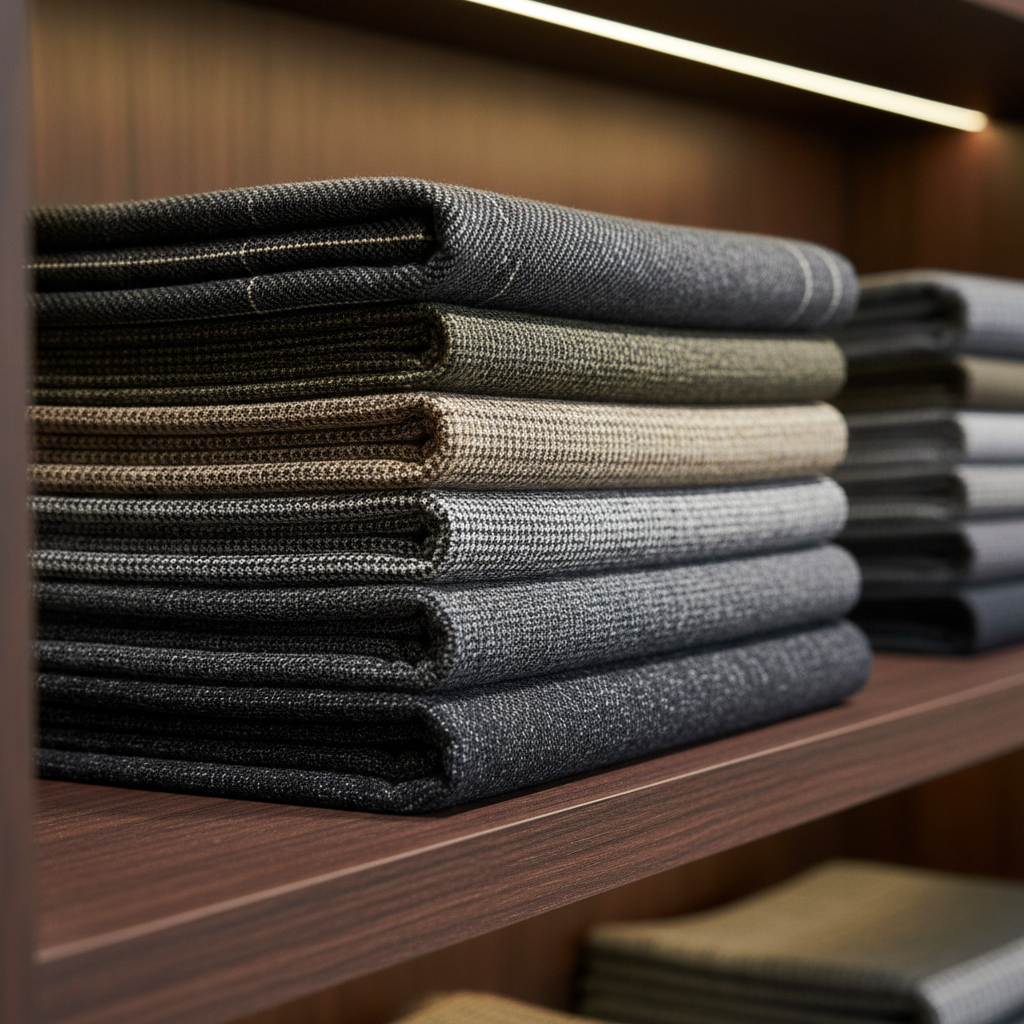 A stack of folded women’s suiting fabrics in an English-style diagonal twill and cationic blends.
