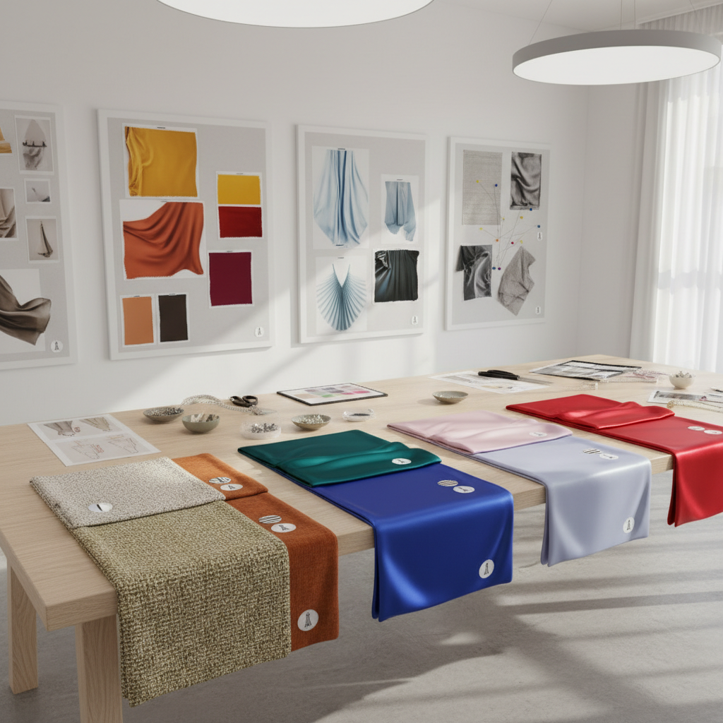 Fabric sampling and customization workspace with double-layer, satin, and four-way stretch swatches.